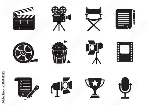 Movie Film Industry Vector black Icon Set for Cinema and Media Production Silhouette illustartion