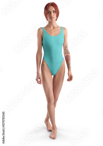 Mockup of turquoise swimsuit one piece on redhead girl in full height, png, front view