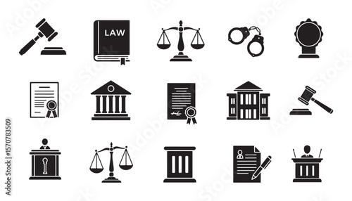 Law Legal Vector Icon Set including Court and Justice Elements in Solid Black Silhouette illustration
