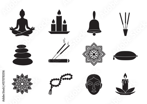 Meditation Wellness lifestyle Vector Icon Set including Spiritual and Relaxation Symbols in Solid Black Silhouette