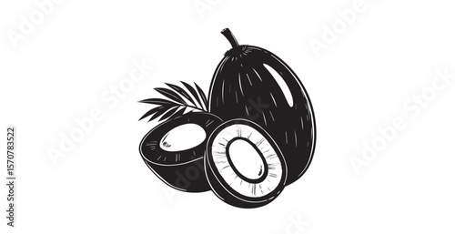 Whole and halved coconut fruit with palm leaf silhouette