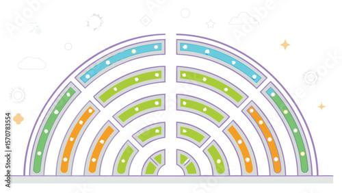 Illustration of a colorful semi circle structure with white dots and pastel background elements