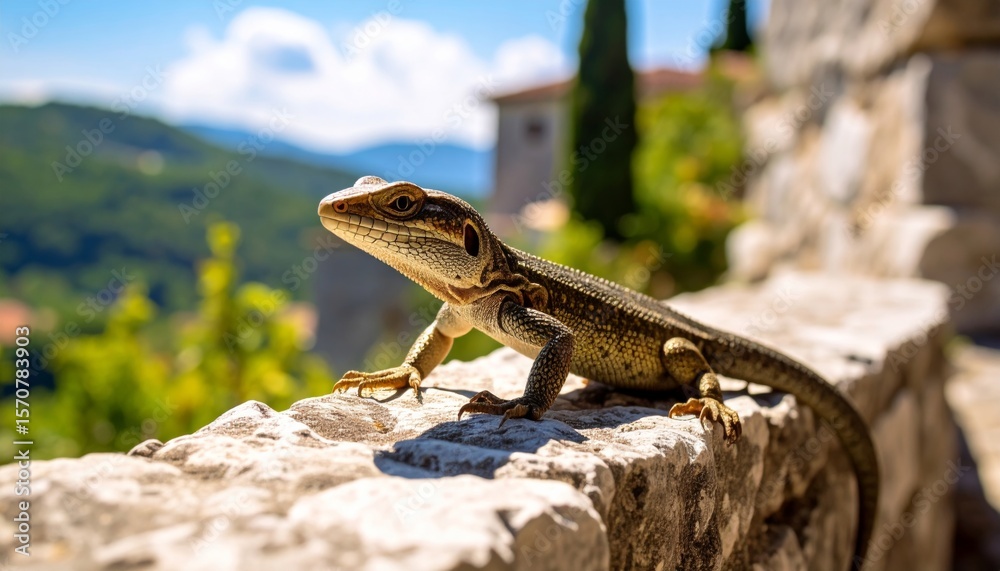 Lizard Sunbathing on Stone Wall Lizard Sunbathing on Stone Wall