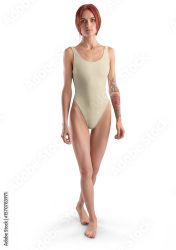 Mockup beige, tan, nude swimsuit one piece on redhead girl in full height, png, front view