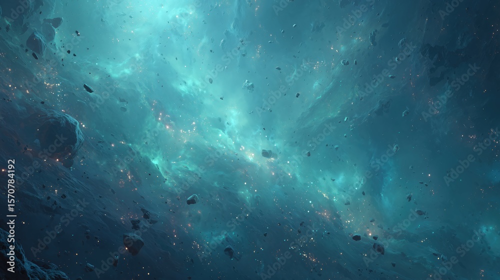 Fototapeta premium Ethereal cosmic landscape featuring turquoise nebulas, celestial dust, and asteroid formations.