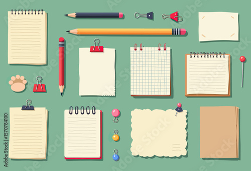 A comprehensive flat lay of school and office supplies, with various notepads, pencils, and clips for desktop organization or creative project planning.
