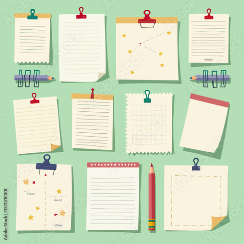 Versatile collection of cute stationery illustrations, featuring note papers, binder clips, and pencils, ideal for journaling, planning, or school projects.
