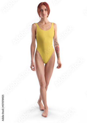 Mockup of yellow swimsuit one piece on redhead girl in full height, png, front view