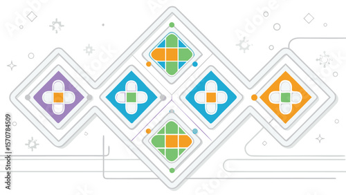 Geometric arrangement of colorful squares with cross shapes inside and diamond shaped white borders