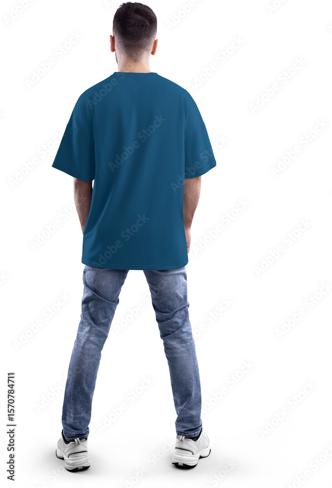 Fototapeta premium Mockup of a dark blue oversized t-shirt on a bearded man in full height, png, back view