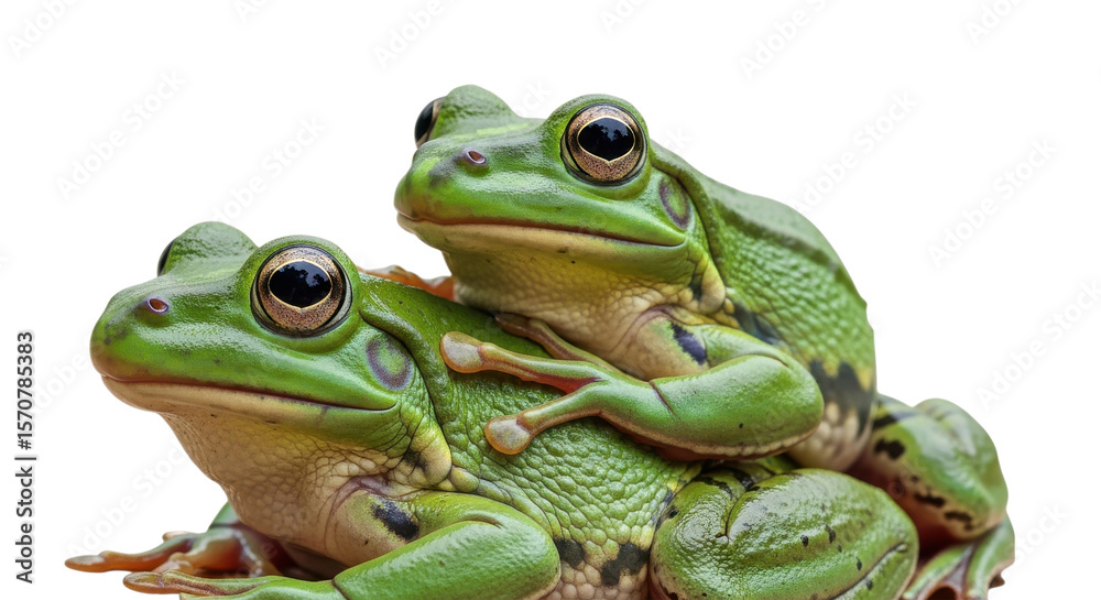 Obraz premium Two green tree frogs perched together isolated on a transparent background amphibian