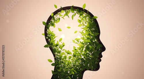 Silhouette of a Human Head Filled with Lush Green Leaves Representing Natural Growth and Thoughtfulness