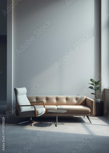 Empty chair and sofa iin front of small table in office of psychologist Empty room interior design architecture blank design room striking structures clean lines geometric shapes dramatic angl