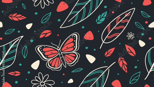 A vivid and whimsical pattern featuring butterflies, leaves, and flowers in vibrant colors against a dark background.