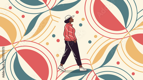 Stylish Black woman in casual attire walks confidently against a vibrant abstract background.