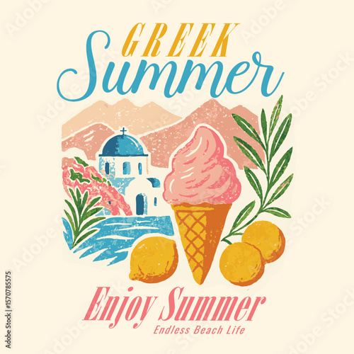 Greek summer. Sunset beach paradise in long beach hand drawn beach prints. sunset beach prints and poster. tropical summer vintage retro vector graphics. summer t-shirt design.