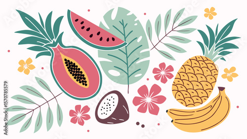 A vibrant arrangement of tropical fruits and leaves, showcasing a papaya, pineapple, watermelon, bananas, and flowers.