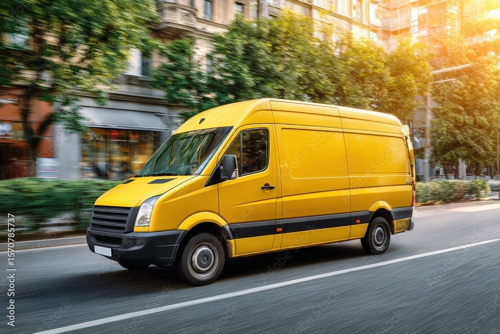 Fototapeta premium Bright yellow delivery van speeding down city street on a sunny afternoon