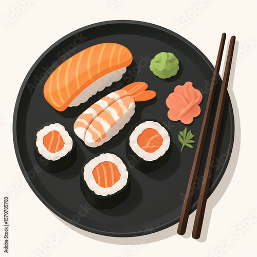Overhead vector illustration of a sushi set, including various types of sushi, pickled ginger, wasabi, and chopsticks, presented on a dark plate, ideal for restaurant menus or Asian food content.