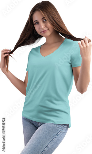 Quadro su tela Mockup of light green t-shirt with v-neck on a girl, png, front view