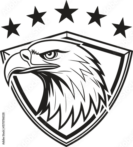 Vector art of an eagle head in a shield with stars isolated on white background