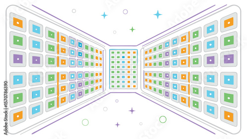 Perspective view of colorful squares arranged on walls with stars and circles floating around them