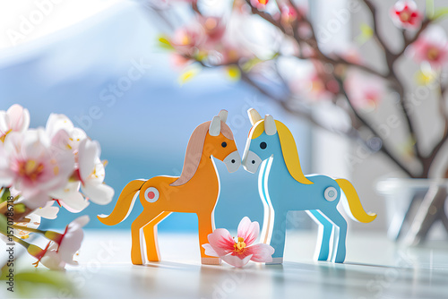 馬と梅の花と富士山（午年・干支・年賀状素材）-ヨコ