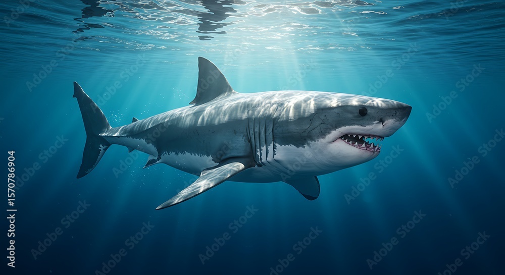 Fototapeta premium Magnificent Great White Shark Swimming in Clear Ocean Water, Enhanced by Sun Rays