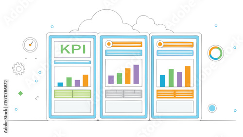 Three infographic panels with bar graphs and kpi indicators displayed against a cloud background design