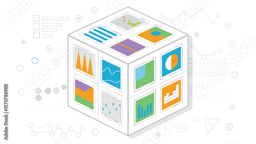 Isometric cube displaying various types of data visualizations and charts on a white background