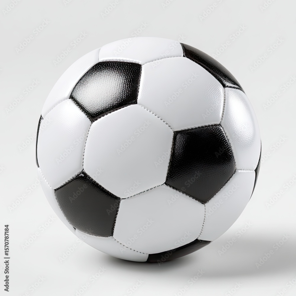 Naklejka premium Classic black and white soccer ball, slightly tilted, rests on a light gray background, showing subtle shadows and texture