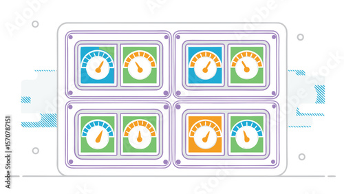 Panel with four gauges in blue green and orange showing different levels of measurement display panel