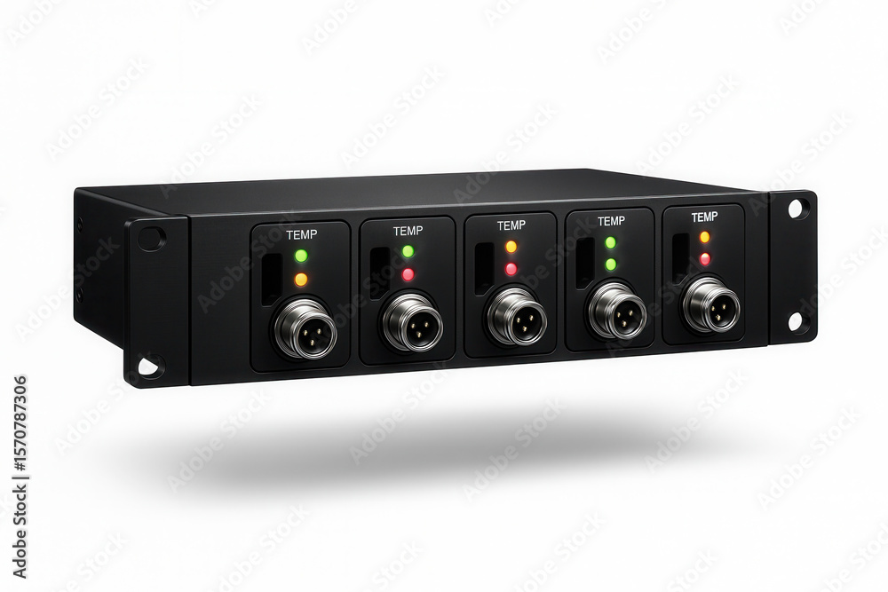 Fototapeta premium Rack-mounted temperature monitoring system with modular sensor inputs and LED indicators for a data center