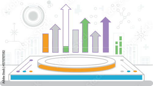 Abstract diagram with rising bar graphs and circular stage on a platform design element for presentations