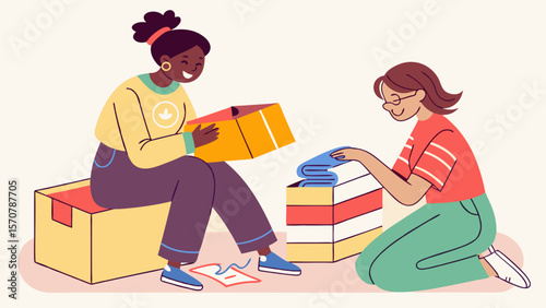 Two women, one Black and one Caucasian, enjoy organizing and unpacking boxes together, exuding joy and collaboration.