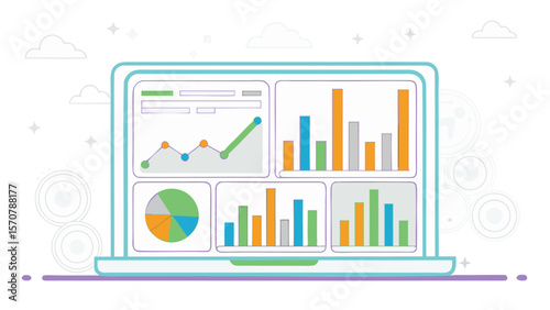 Laptop displaying various data charts and graphs with a soft pastel color scheme and cloud background