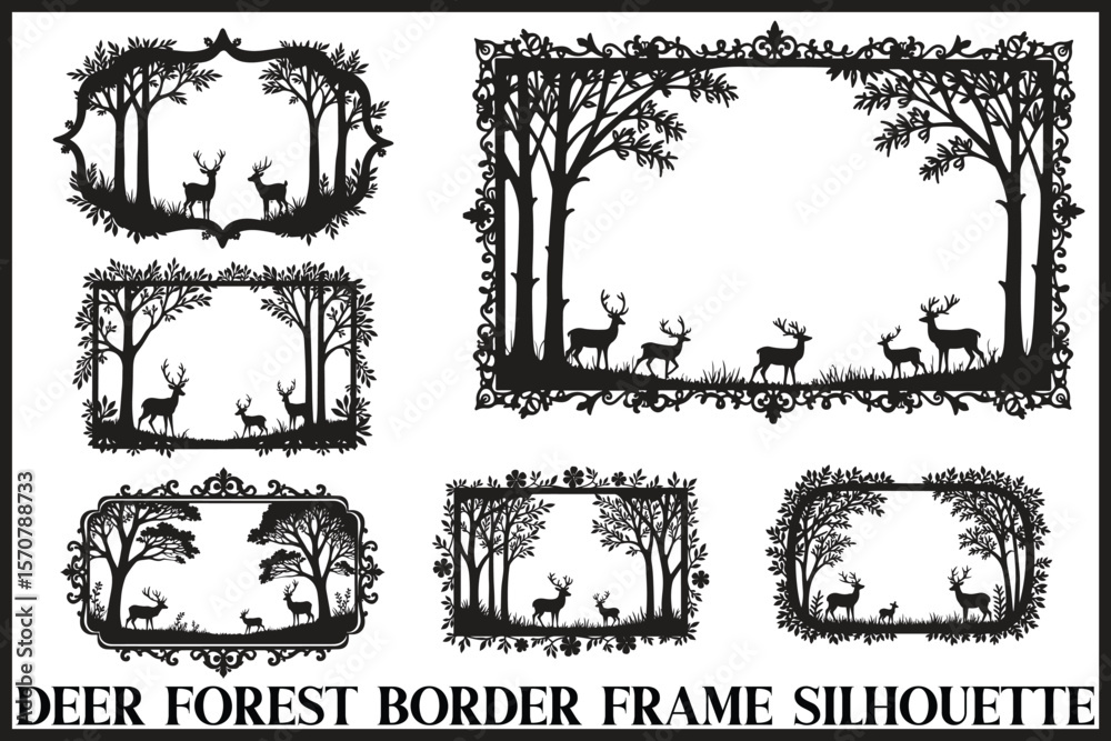 Fototapeta premium Deer Forest Frame Silhouette Bundle