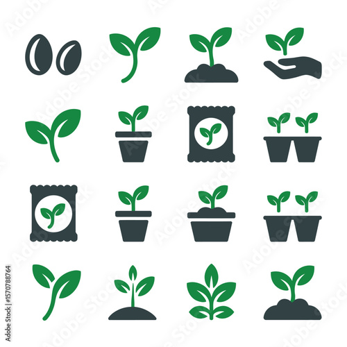 Sixteen Green and Gray Seedling Growth Stage Icons Set Illustrating Plant Development from Seeds to Seedlings in Pots and Seed Packets Showing Various Stages of Growth Including Sprouting