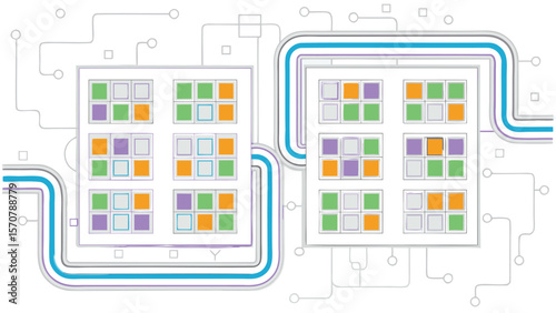 Two interconnected computer screens displaying nine colored squares each on a white background