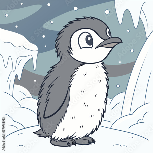 Cute Cartoon Penguin Baby Gray White Snowy Landscape