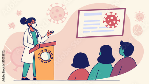 A Black female healthcare worker explains the coronavirus pandemic to an audience, emphasizing awareness and safety measures.