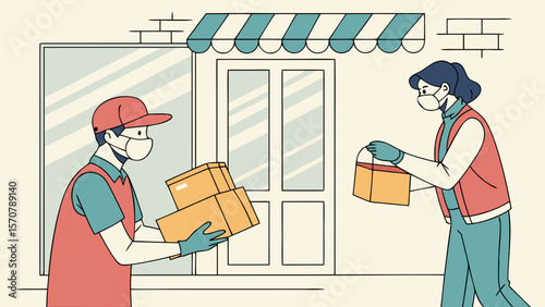 Two delivery workers, one male and one female, wearing masks and gloves, interact while delivering packages in a city setting.