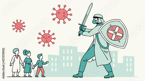 Female healthcare worker, armed with a sword and shield, symbolizing the fight against viruses in a creative illustration.