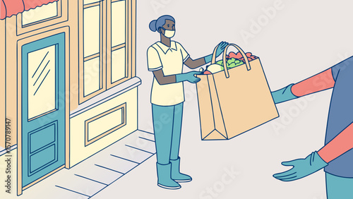 Elderly woman receives a grocery bag from a volunteer, showcasing community support amid a serene neighborhood.