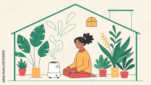 A young Black woman meditating inside a greenhouse surrounded by lush greenery and plants, promoting tranquility and wellness.