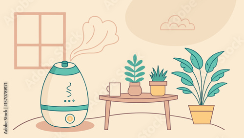 A calming home interior featuring a humidifier, green plants, and a bright atmosphere.