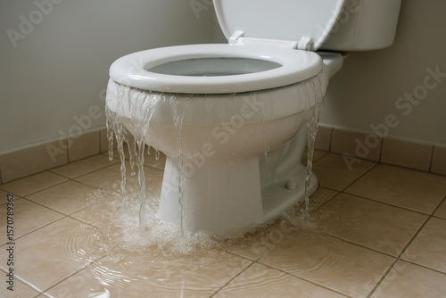 Overflowing clogged toilet flooding bathroom floor with water, causing water damage and urgent need for repair and cleaning