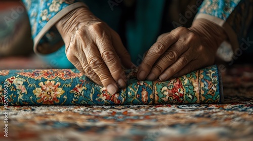 Hands meticulously arranging a rolled carpet.