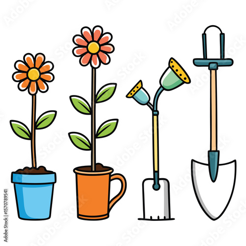 Gardening Tools and Potted Flowers