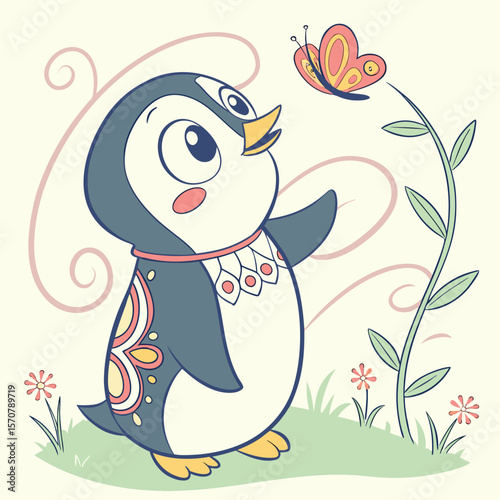Cute Cartoon Penguin Watching Pink Butterfly Floral Setting